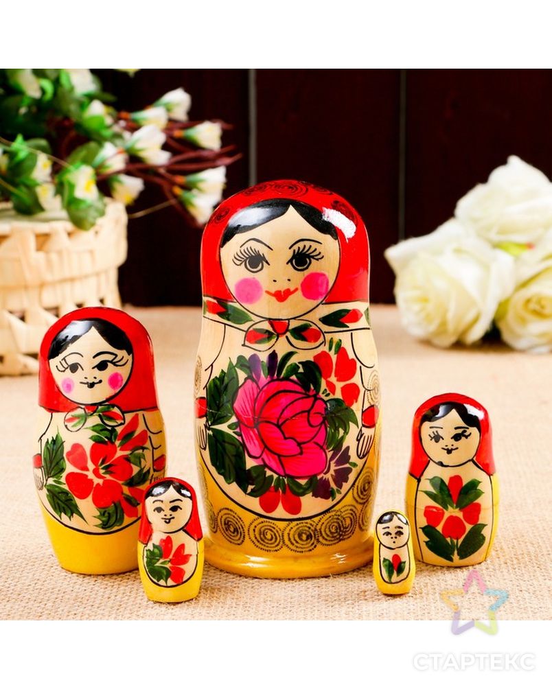 Матрёшка «Семёновская», красный платок, 5 кукольная, 14 см арт. СМЛ-111962-1-СМЛ0000905940 1