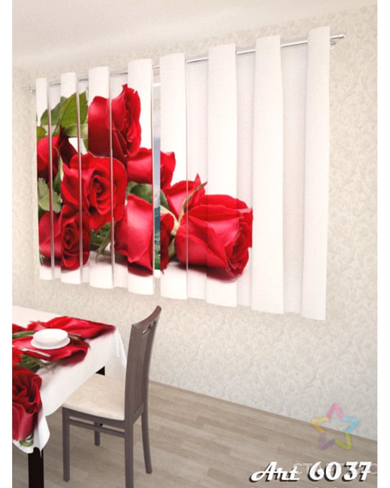 Заказать Фотошторы для кухни "Красные розы" атлас 2,6*1,8 на шторной тесьме арт. ТКС-573-1-ТКС0017562736 в Новосибирске
